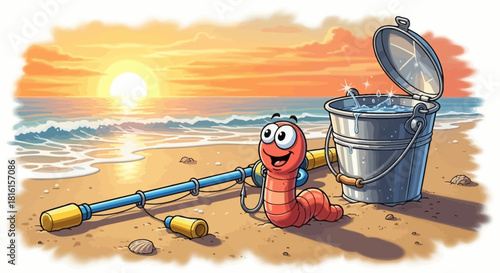 Cartoon Worm Fishing on the Beach at Sunset with Bucket