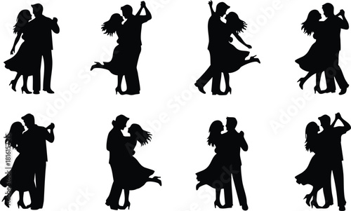 Silhouettes of couples dancing in various poses celebrate love and romance in a joyful way 