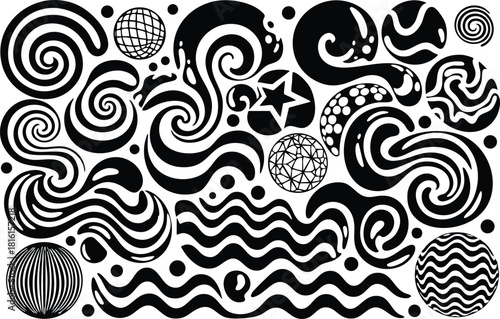Abstract swirling patterns with various shapes and lines in black and white for creative design projects 