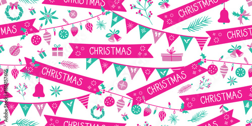 Seamless pattern for Christmas and New Year festival with party flags, string lights and cute festive elements in vibrant red and green colors on a transparent background.