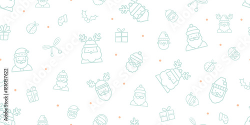 Seamless pattern for Christmas and New Year festival with cute Santa Claus and presents in pastel green lines on a transparent background.
