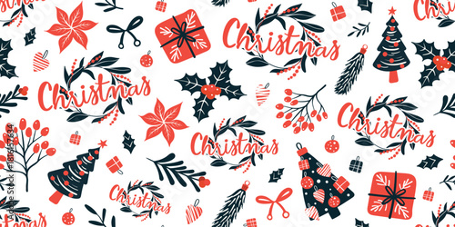 Seamless pattern for Christmas and New Year festival with Christmas trees, holly, presents and cute festive elements in red, beige and green color tones on a transparent background.