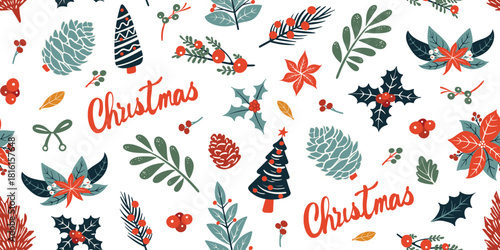 Seamless pattern for Christmas and New Year festival with Christmas trees, pinecones, holly and cute festive elements in red and green color tones on a transparent background.