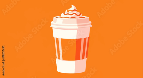 A stylized illustration of a pumpkin spice latte in a disposable cup, perfect for autumn themes and seasonal beverage promotions