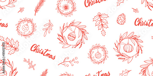 Seamless pattern for Christmas and New Year festival with cute doodle wreath, holly, plants, ornaments and festive decorations in red color tone on a transparent background.