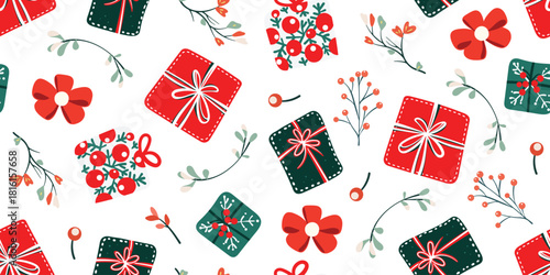 Seamless pattern for Christmas and New Year festival with gifts, ribbons, holly branches and cute festive elements in red, beige and green color tones on a transparent background.