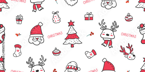 Seamless pattern for Christmas and New Year festival with Santa Clauses, reindeers, gifts, socks, and cute festive elements in red, black and white color tones on a transparent background.