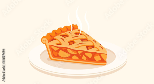 A delicious slice of warm apple pie with a lattice crust served on a white plate, emitting steam