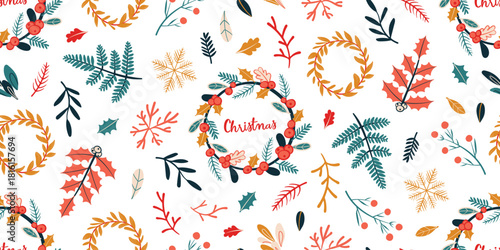 Seamless pattern for Christmas and New Year festival with wreath, holly, branch and cute festive elements in red, yellow and green color tones on a transparent background.