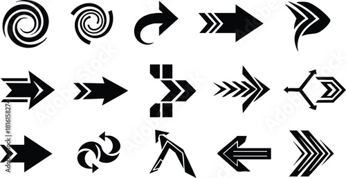 Various arrow designs and symbols for directional guidance in black and white vector illustration 