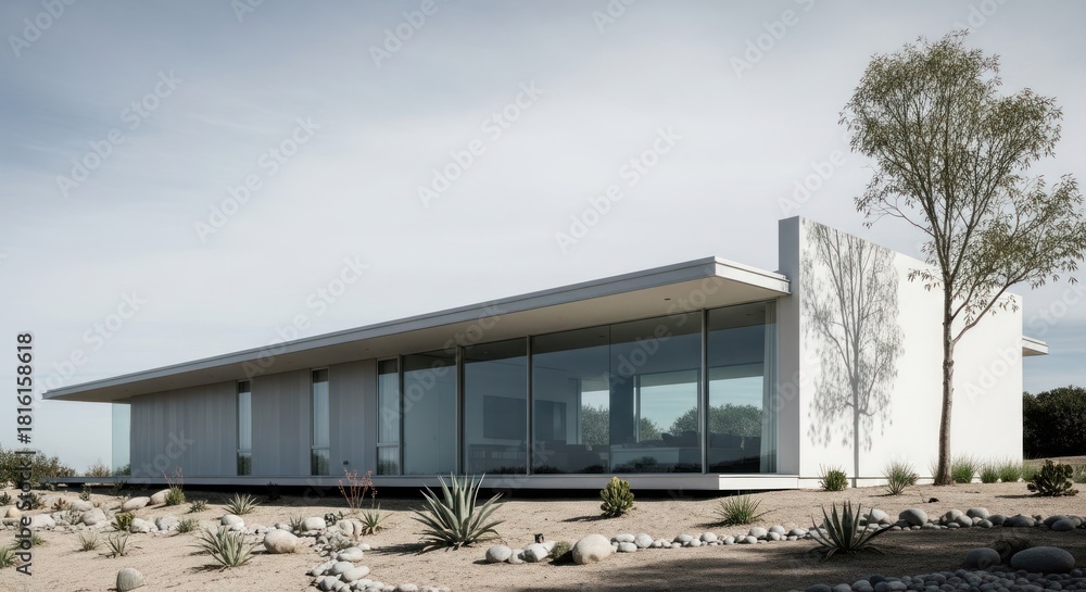 Obraz premium A modern, minimalist house with large glass windows and a flat roof, surrounded by a dry, rocky landscape with a few trees.