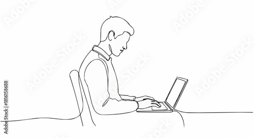 Man working on laptop in continuous line art style.