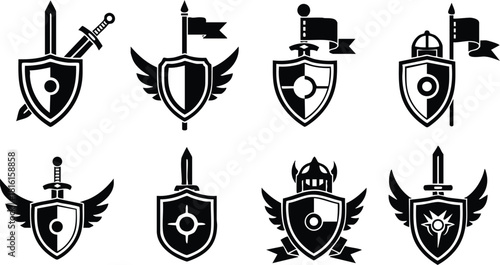 Medieval shields collection featuring swords, flags, and wings in black and white for design inspiration 