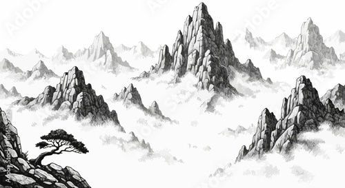 Ink Wash Painting of Mountain Peaks Emerging from Mist.