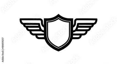 Monochrome winged shield emblem icon on a white background.