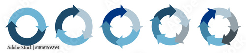 青系カラーの回転サイクル図(回転矢印、円形フロー図)セット　2・3・4・5・6要素の循環プロセス矢印ベクターイラストテンプレート 