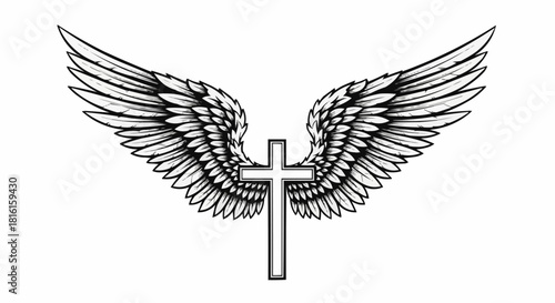 Monochrome illustration of a Christian cross with detailed angel wings.