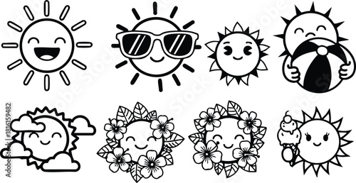Cheerful sun illustrations in various styles for vibrant designs and joyful themes 