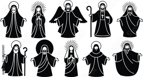 Religious figures vector illustration featuring saints and angels in various poses and styles for spiritual themes and designs