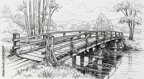Detailed Sketch of a Rustic Wooden Bridge Over Water.