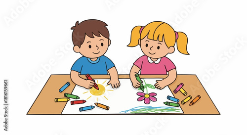 Two young children happily drawing and coloring at a table.