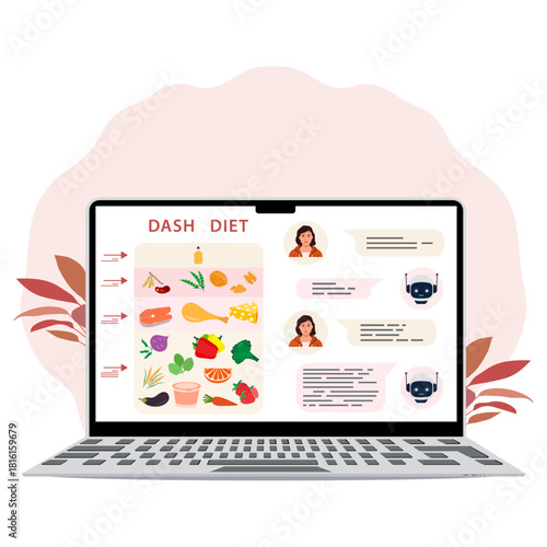 DASH diet illustration on laptop screen with health tips and interactive chatbot interface