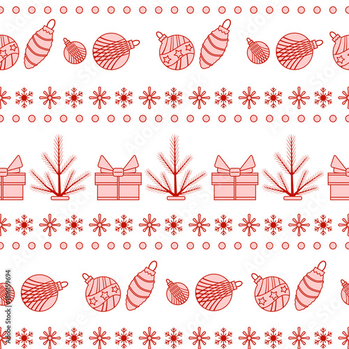 Christmas gift and ornament pattern background with festive decorations in red on white