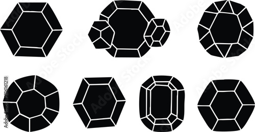 Geometric shapes of various gemstones in black outline style for modern design projects and illustrations