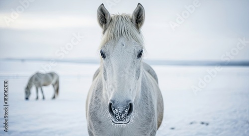 Close-up portrait of a majestic white horse with ice crystals on its muzzle, looking at the camera in a serene, snow-covered landscape during a cold winter day