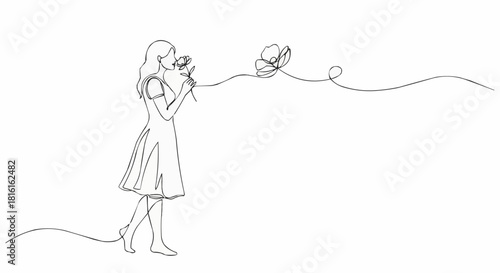 Continuous one line drawing of a girl smelling a flower with a butterfly.
