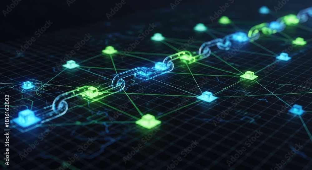 Fototapeta premium Dynamic blockchain network visualization for futuristic digital technology applications and secure data solutions