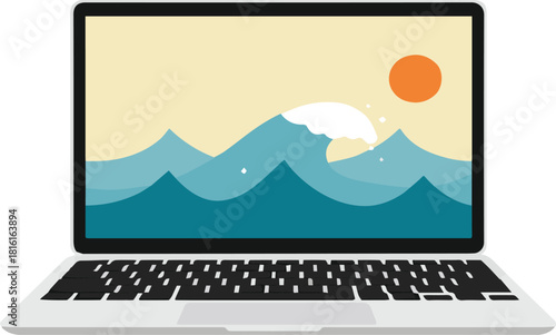 Laptop displaying a serene ocean wave scene with a bright sun on a sandy beach during sunset