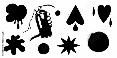 Hand holding spray paint can with various shapes in black ink