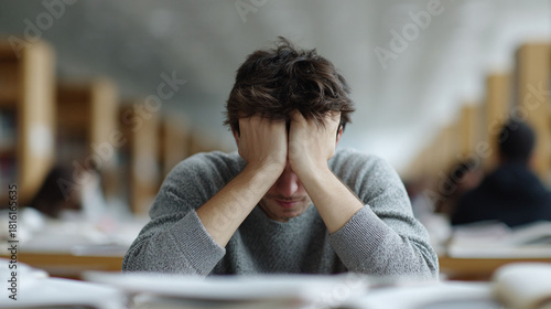 Stressed young man in library with head in hands. Represents pressure, anxiety, burnout, studying, or problems. Use for mental health, education, or lifestyle content.