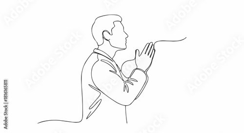 Continuous Line Drawing of a Man Praying with Hands Together.