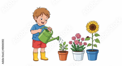 Happy young boy watering plants with a green watering can.
