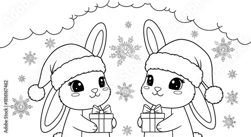 Adorable Bunnies in Santa Hats Exchanging Gifts Amidst Falling Snowflakes Coloring Page
