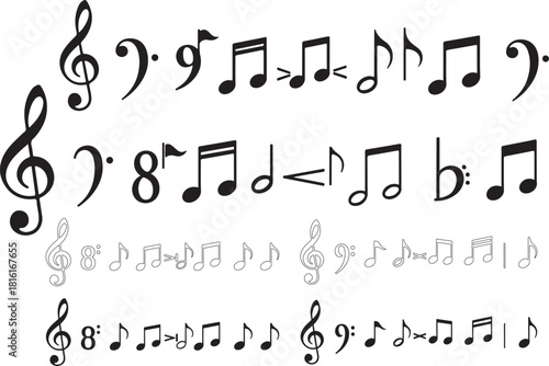 Set of musical note icons and symbols illustrated as clean vector graphics, featuring various note shapes for audio or music-themed designs..eps