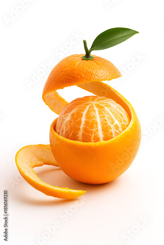 Tangerine Revelation: A close-up shot captures a freshly peeled tangerine, its vibrant segments glistening. The coiled peel rests beside it, inviting the senses and hinting at juicy freshness.