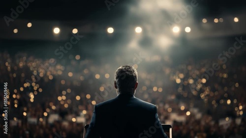 Speaker delivering speech to large crowd under spotlights at night