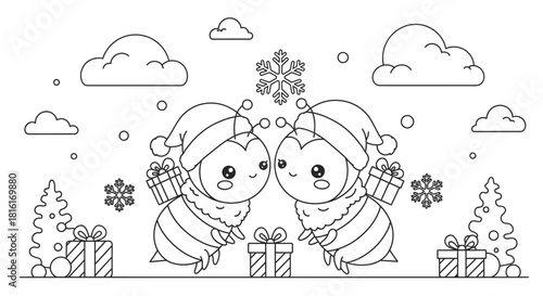 Cute cartoon bees wearing santa hats holding gifts in a winter wonderland