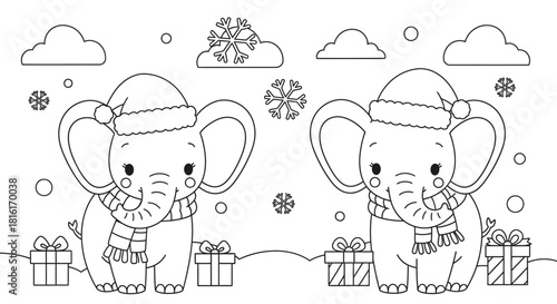 Christmas coloring page for kids with two cute elephants in a winter scene