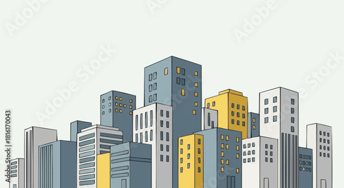 Cityscape of modern buildings and skyscrapers in urban environment.