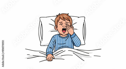 Tired Young Boy Yawning in Bed Early Morning.
