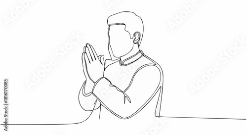 Man in prayer position showing respect and gratitude in line art.