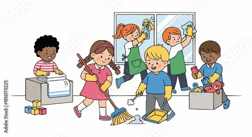 Children actively participating in classroom cleaning activities together.