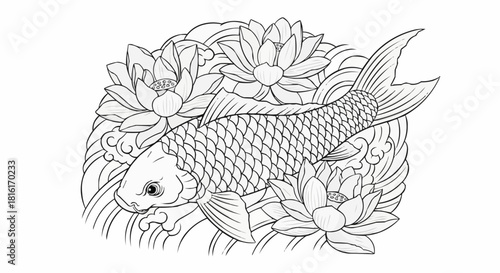 Detailed illustration of a koi fish swimming among lotus flowers.