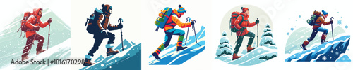 vector woman climbing snowy hill