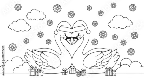 Romantic Swans Winter Holiday Theme Coloring Page for Stress Relief Adults