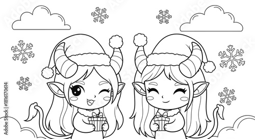 Adorable twin demon girls in Santa hats with Christmas gifts, kawaii coloring